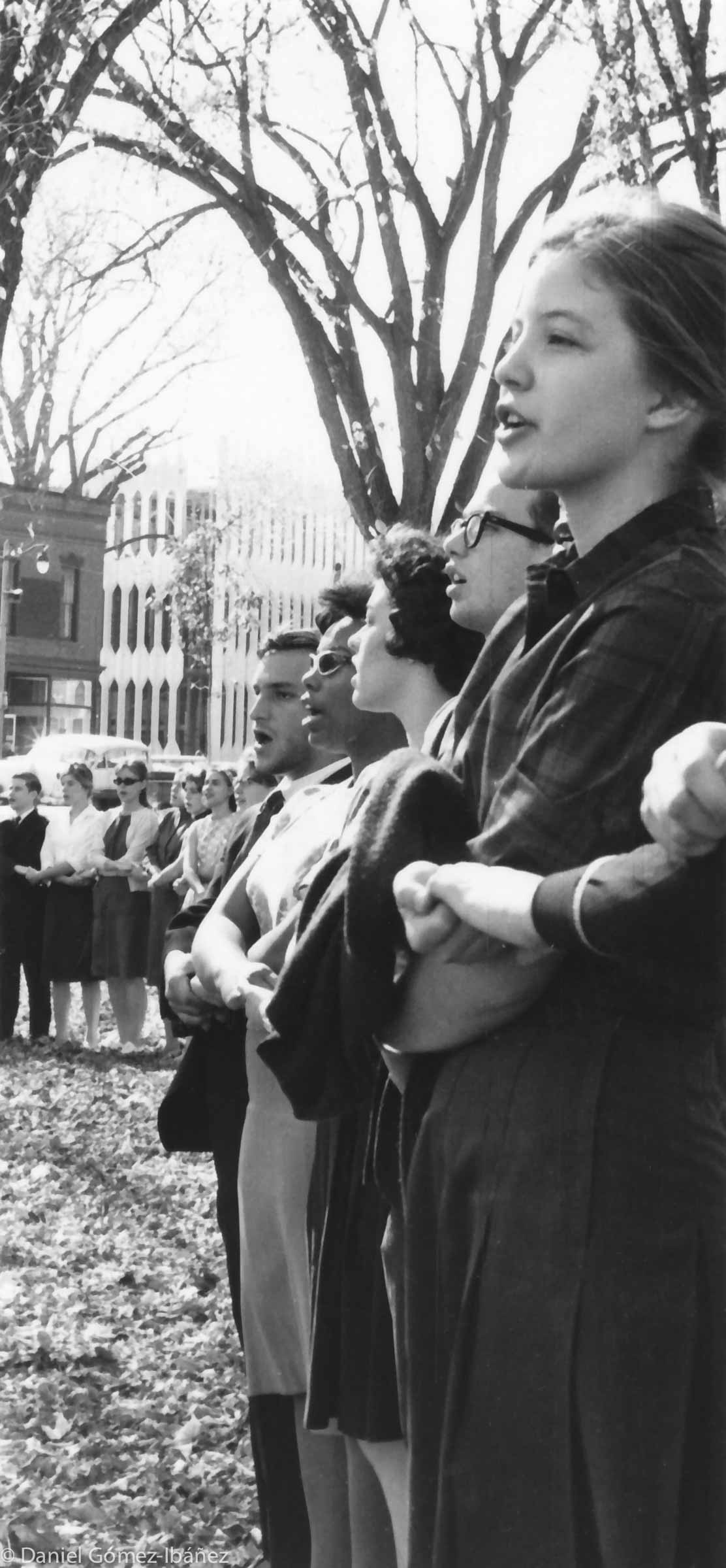 At the end of the march participants joined hands around Oberlin's Historic Elm tree and sang "We Shall Overcome." Oberlin's police chief, Frank Winkler, said, "It's a very peaceful, well-conducted demonstration."
