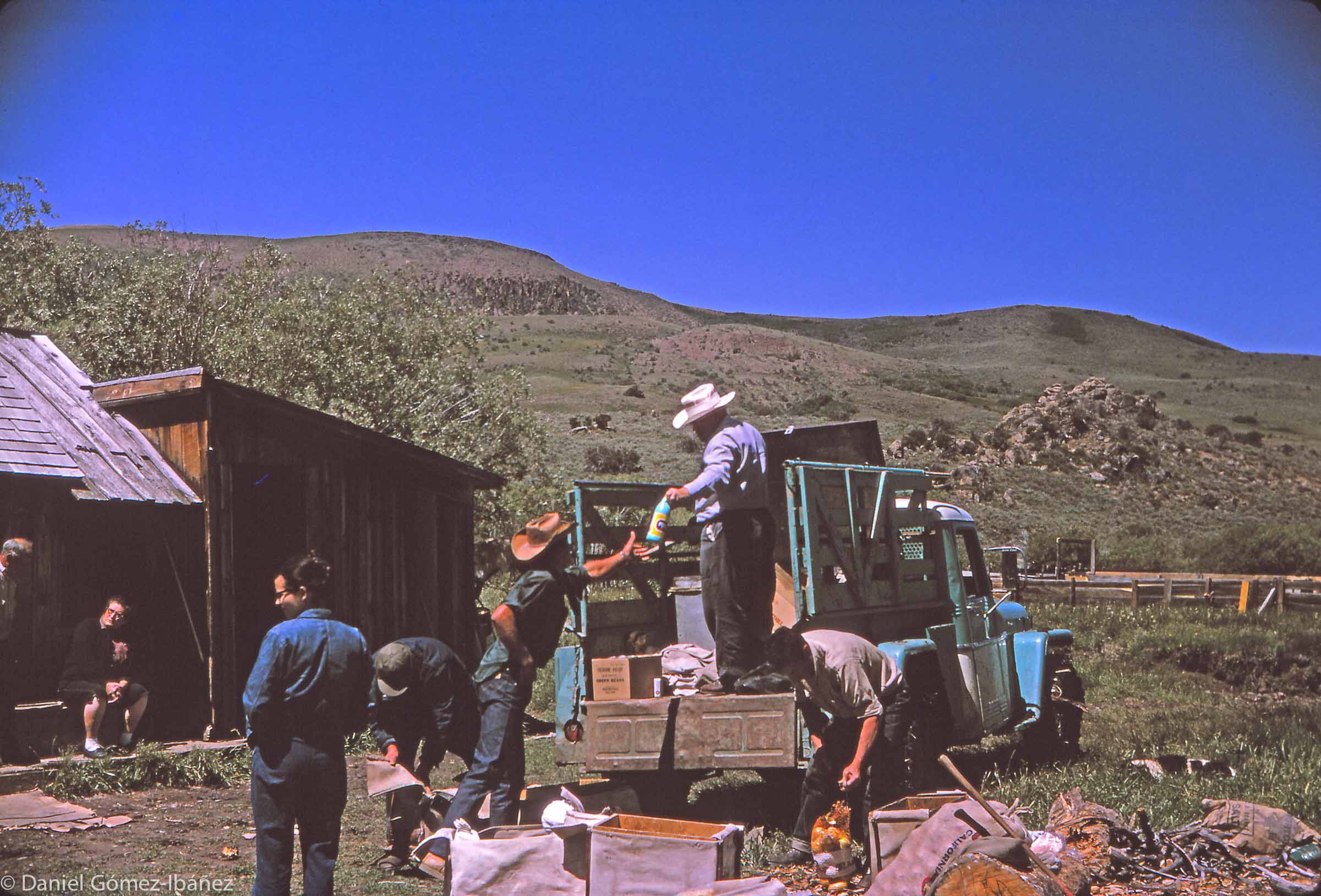 Camptenders pick up groceries from M. Archabal, a Basque rancher in the Owyhee Mountains of southwest Idaho. They visit each herder once a week to move camp and replenish supplies.