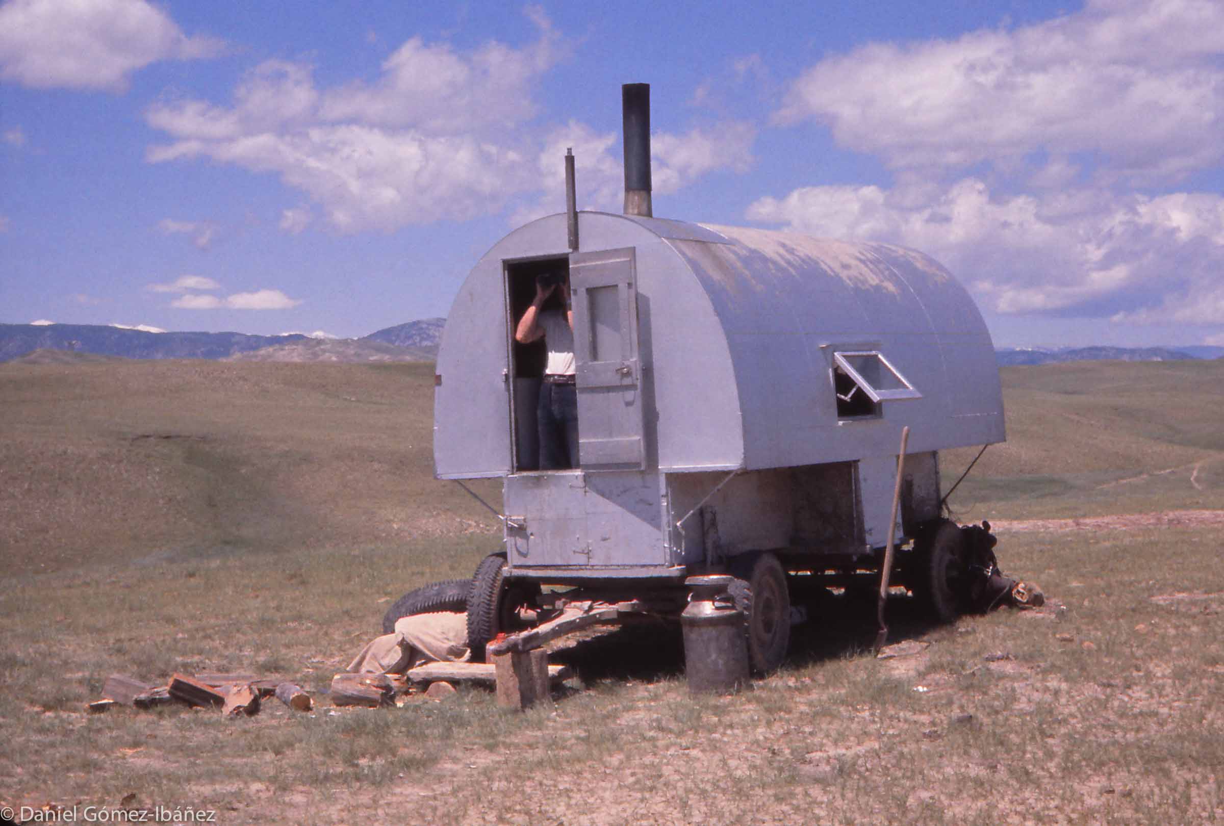 Wherever possible, the sheepherder's home on the range is a snug camp wagon, moved by the camptender to fresh pastures each week.