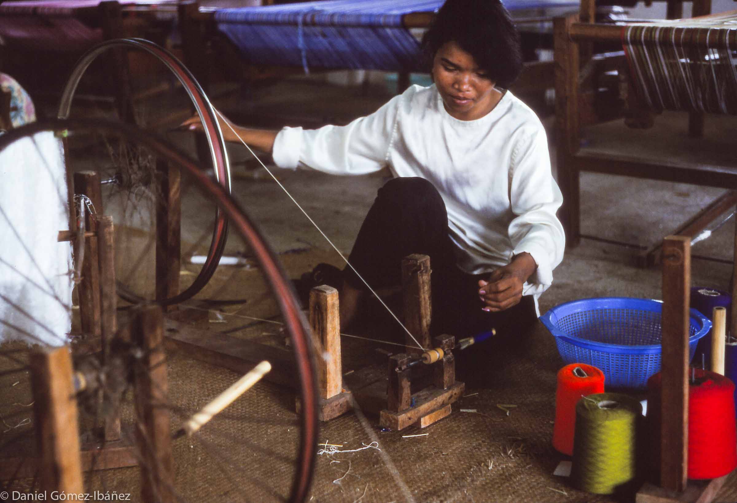 Eighty percent of Cambodians live and labor in rural areas, most of them on farms. Losing a limb to a landmine explosion means losing one's livelihood; an amputee faces destitution or a life of dependence. But for many victims Jesuit Services (Cambodia) offers vocational training in weaving and sewing, electronics, cabinetmaking, welding, sculpture, and wheel chair construction.  The training center, called Banteay Prieb, is located 25 kilometers west of Phnom Penh. © 1996